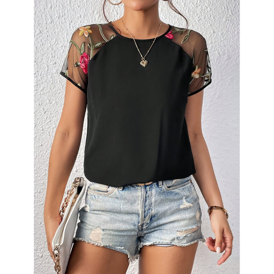 Damen Bluse mit transparenten Spitzenärmeln und floralen Details R&B