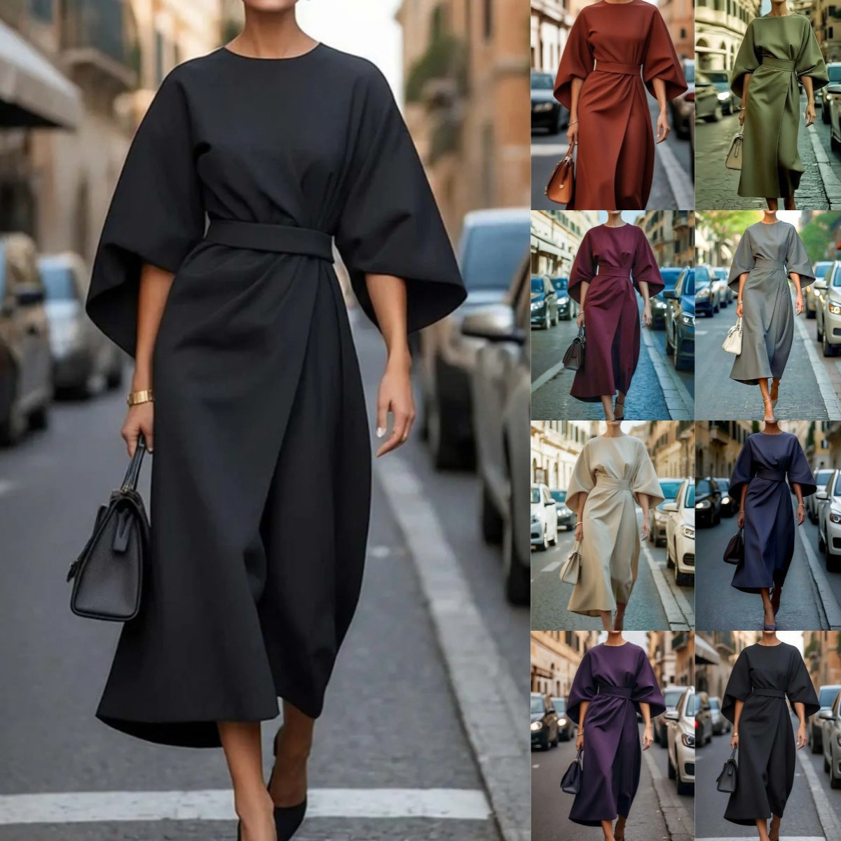 Damen Maxikleid mit eleganten Ballonärmeln und Taillengürtel