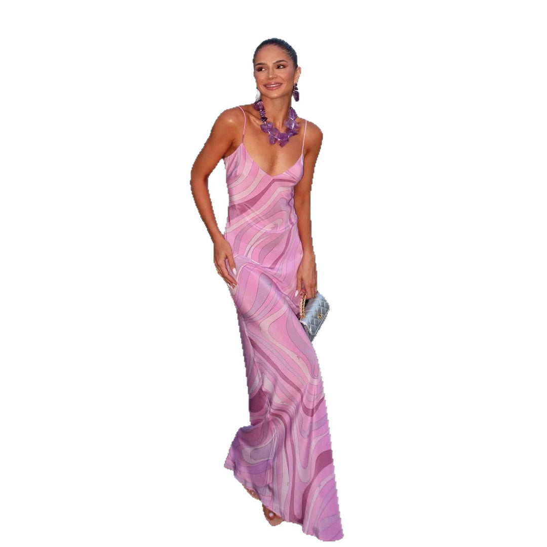 Damen nan elegantes Slip-Maxikleid mit V-Ausschnitt, filigranen Spaghettiträgern und retro-grafischem Allover-Print R&B