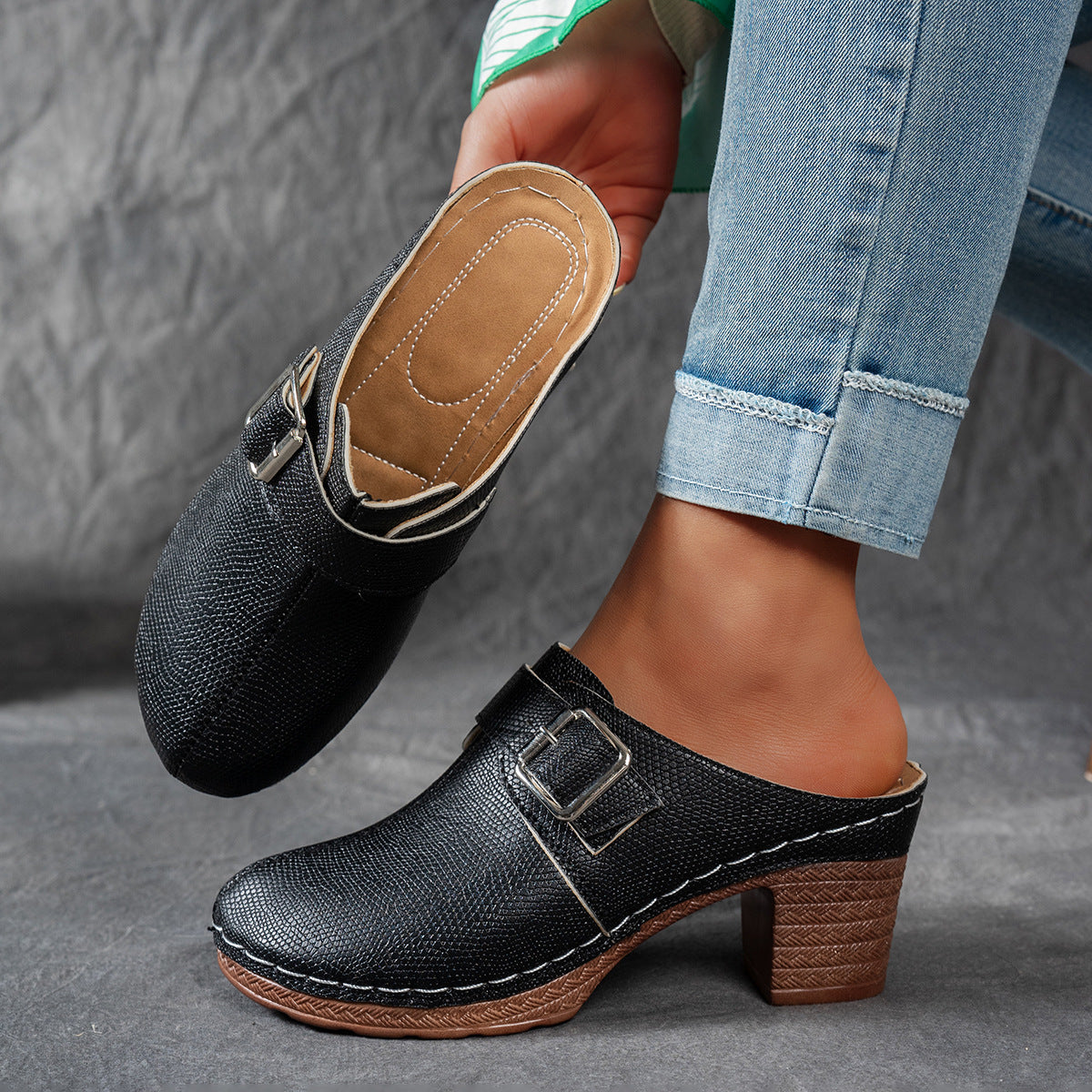 Damen Clogs mit modischem Schnallen-Design und komfortablem blockiertem Absatz R&B