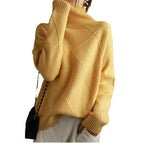 Damen hochwertiger Strickpullover mit stehendem Kragen und extravagantem Rautenmuster R&B