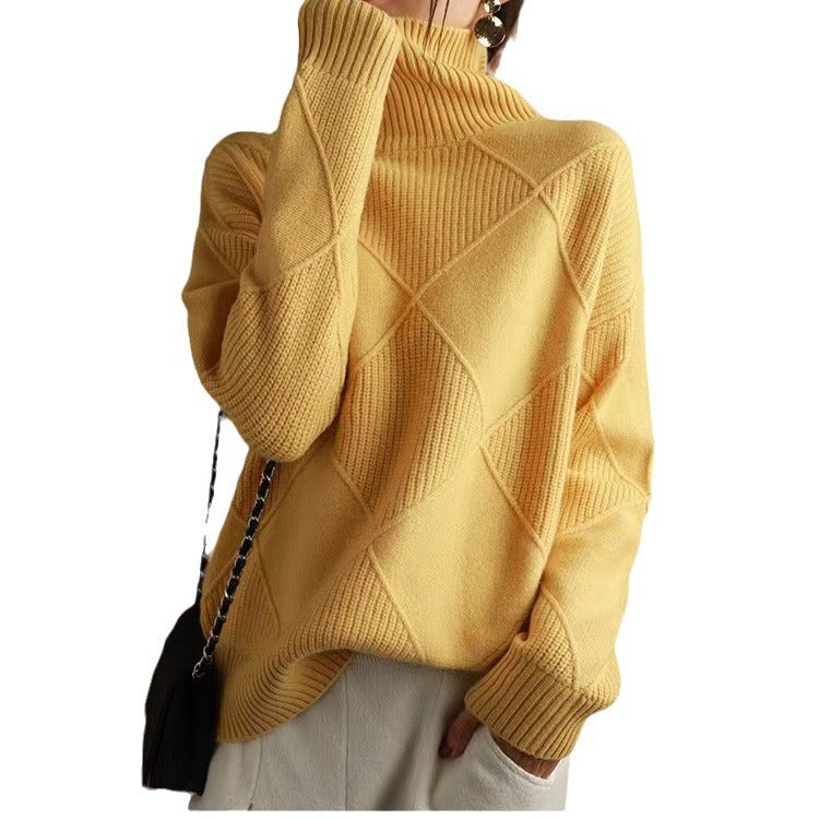 Damen hochwertiger Strickpullover mit stehendem Kragen und extravagantem Rautenmuster R&B