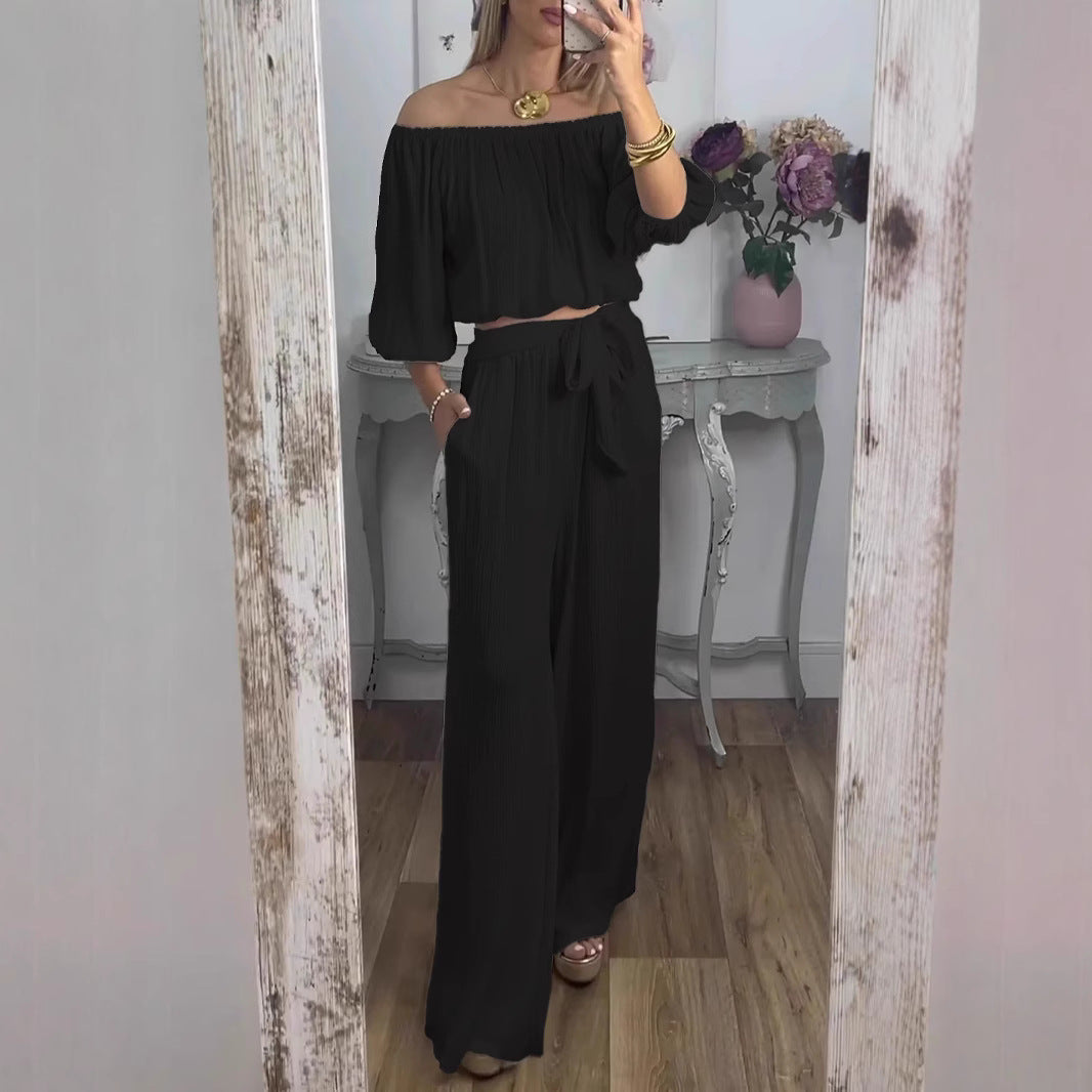 Damen Off-Shoulder Set mit weitem Hosen und taillierbarem Oberteil R&B