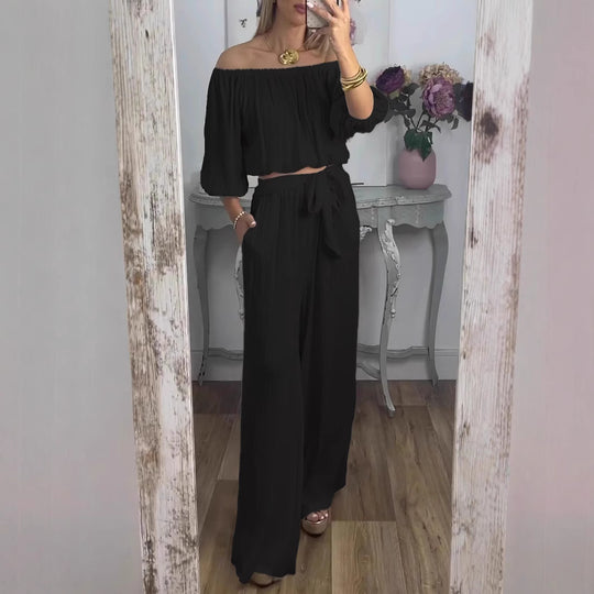 Damen Off-Shoulder Set mit weitem Hosen und taillierbarem Oberteil R&B