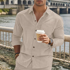Herren gestreiftes Langarmshirt mit modischem Stehkragen und praktischer Brusttasche R&B