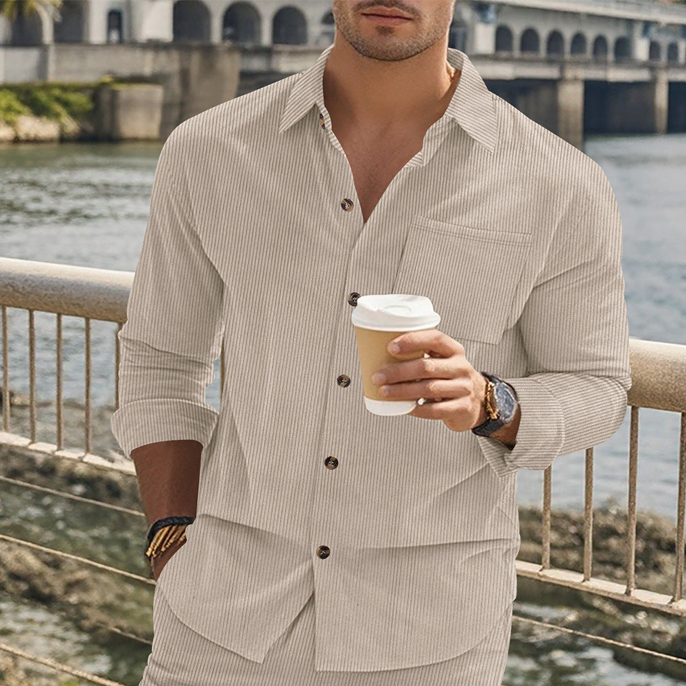 Herren gestreiftes Langarmshirt mit modischem Stehkragen und praktischer Brusttasche R&B