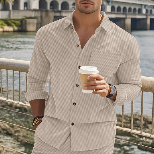 Herren gestreiftes Langarmshirt mit modischem Stehkragen und praktischer Brusttasche R&B