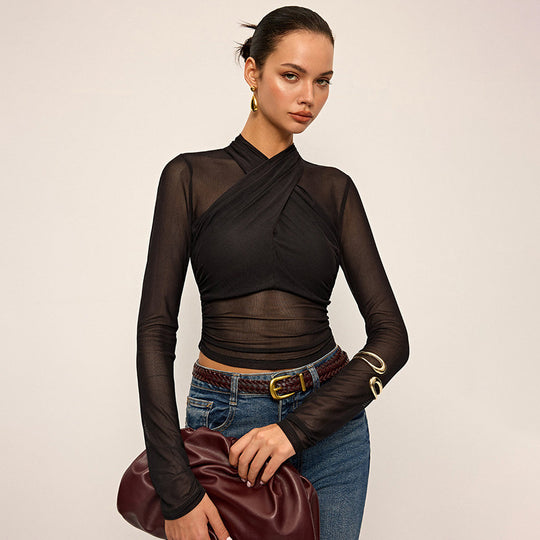 Damen Elegantes Wickeloberteil mit transparentem Stoff und langen Ärmeln R&B