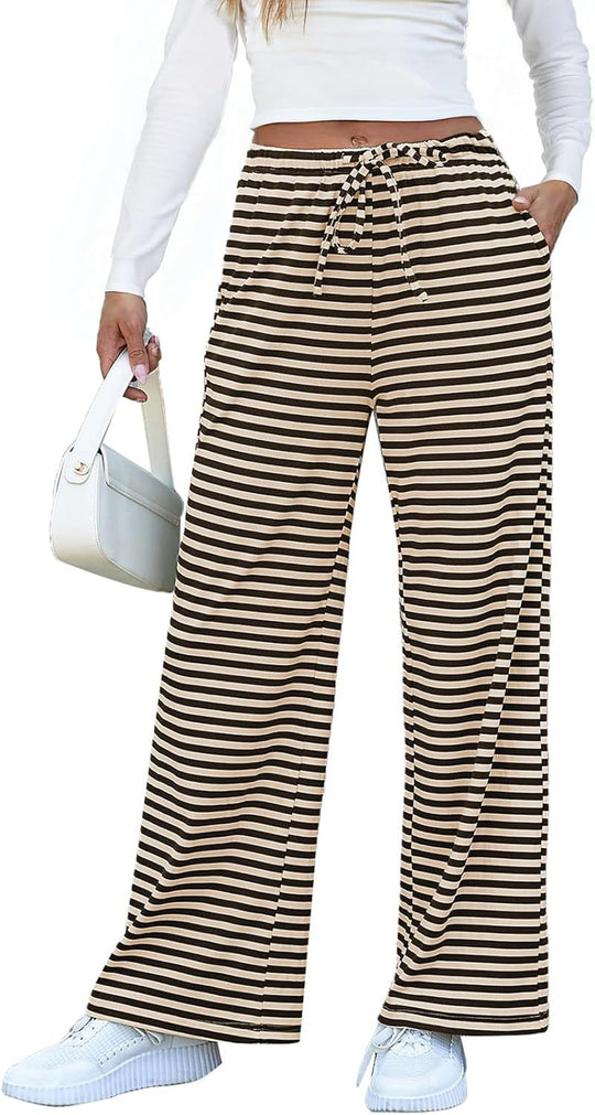 Damen weite Streifenhose mit elastischem Bund und Kordelzug R&B