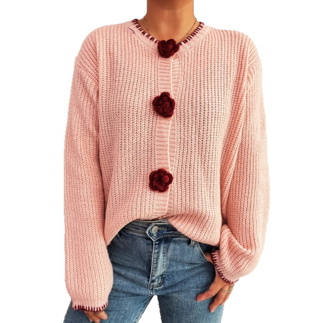 Damen Strickjacke mit floralen Knopfdetails und lässigem Schnitt R&B