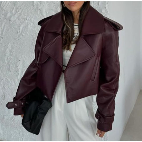 Damen modische Bikerjacke im Oversized-Stil mit Volumenärmeln R&B
