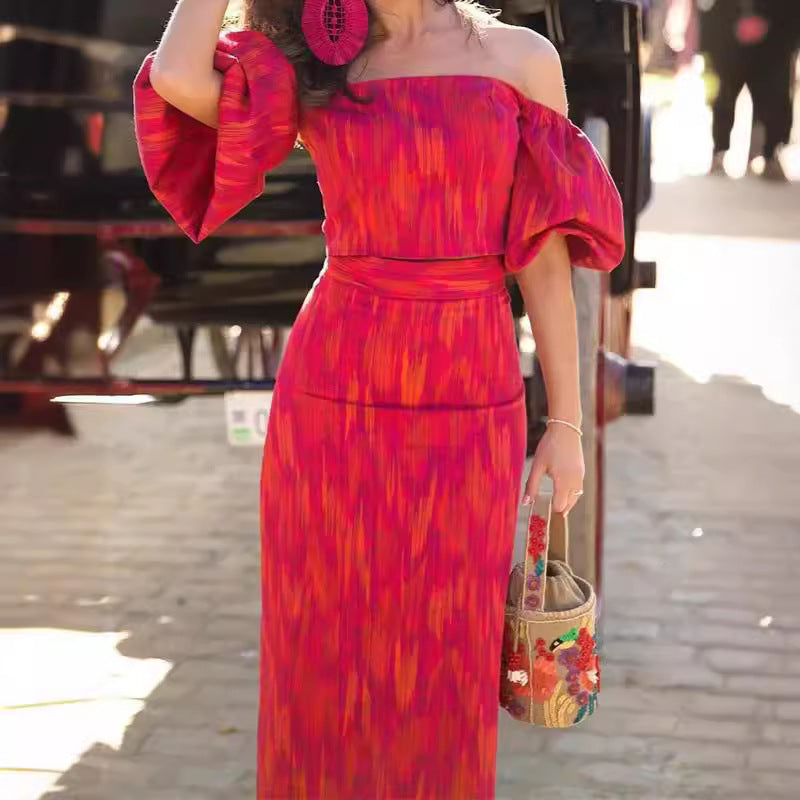 Damen figurbetontes Maxikleid mit Puffärmeln und elegantem V-Ausschnitt R&B