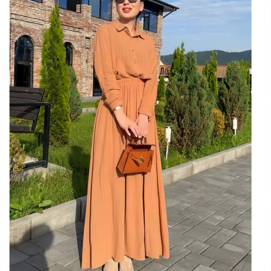 Damen Maxikleid mit tailliertem Schnitt und langem Arm R&B