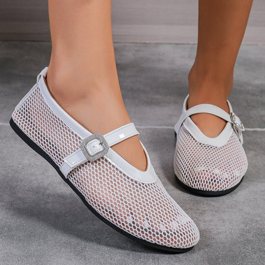 Damen atmungsaktive Ballerinas mit modischem Lochmuster und komfortablem Riemen R&B