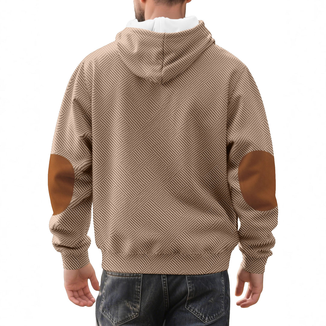 Herren nan strukturierter Kapuzen-Henley-Pullover mit Jacquardstruktur, Knopfleiste und Ellenbogenpatches R&B