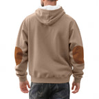 Herren nan strukturierter Kapuzen-Henley-Pullover mit Jacquardstruktur, Knopfleiste und Ellenbogenpatches R&B