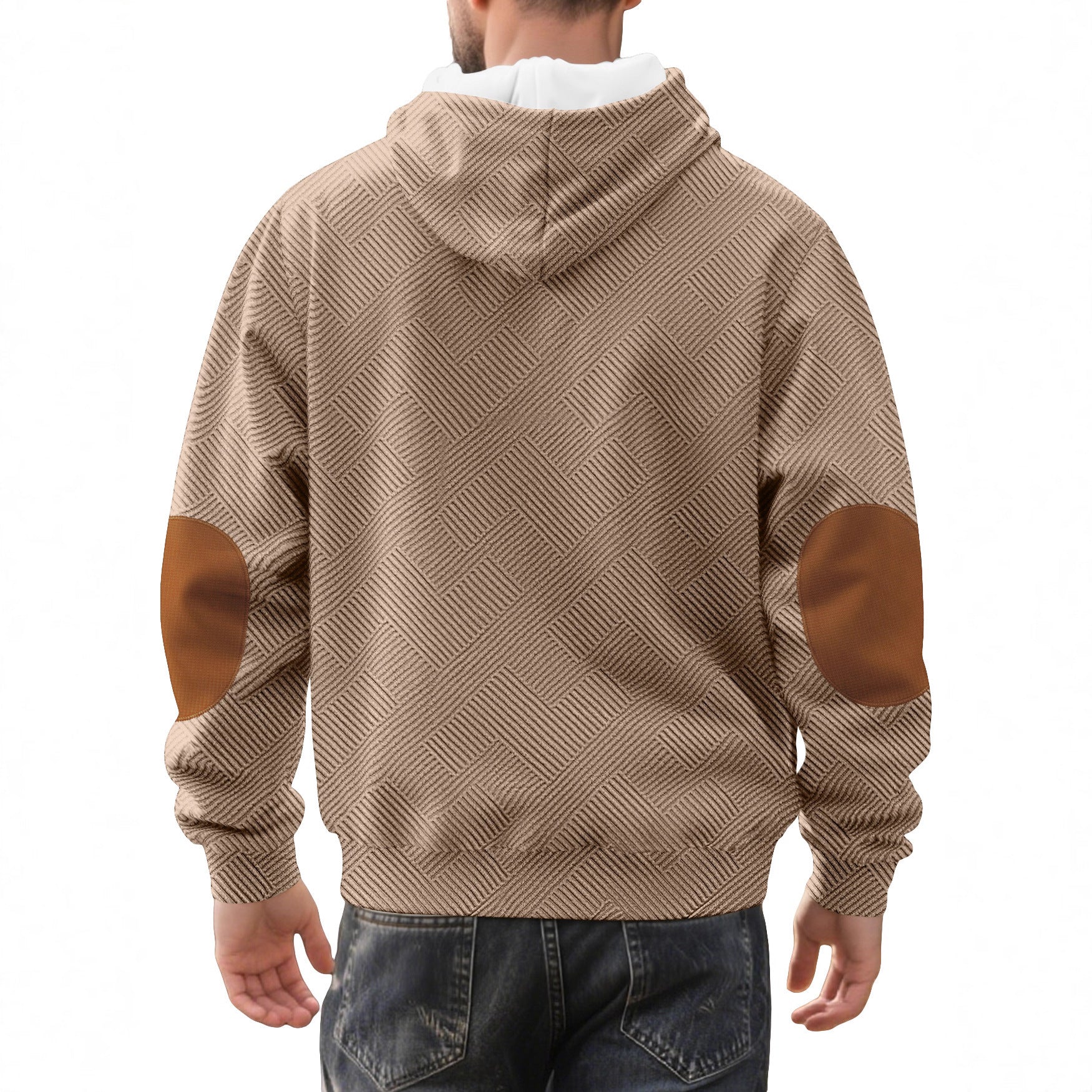 Herren nan strukturierter Kapuzen-Henley-Pullover mit Jacquardstruktur, Knopfleiste und Ellenbogenpatches R&B