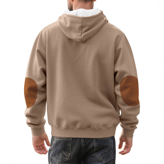 Herren nan strukturierter Kapuzen-Henley-Pullover mit Jacquardstruktur, Knopfleiste und Ellenbogenpatches R&B