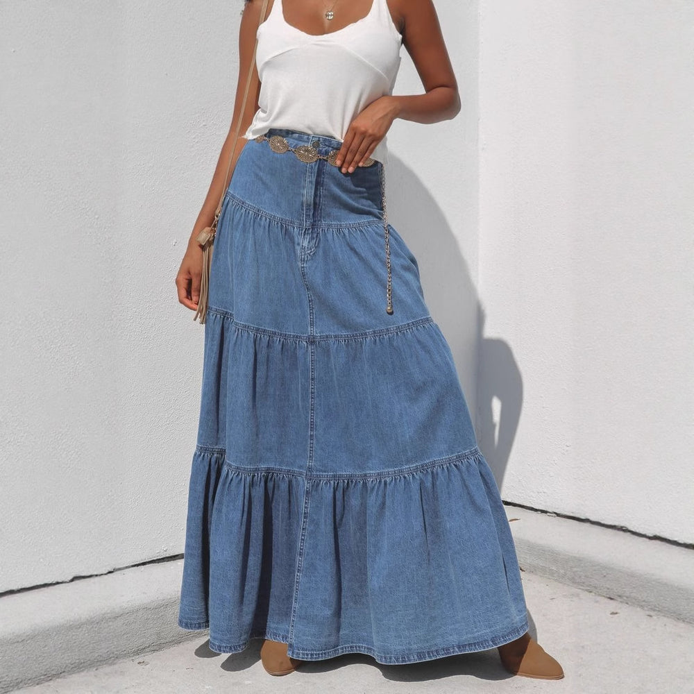 Damen Denim Maxikleid im Boho-Stil mit voluminösem Rock und Rüschen R&B