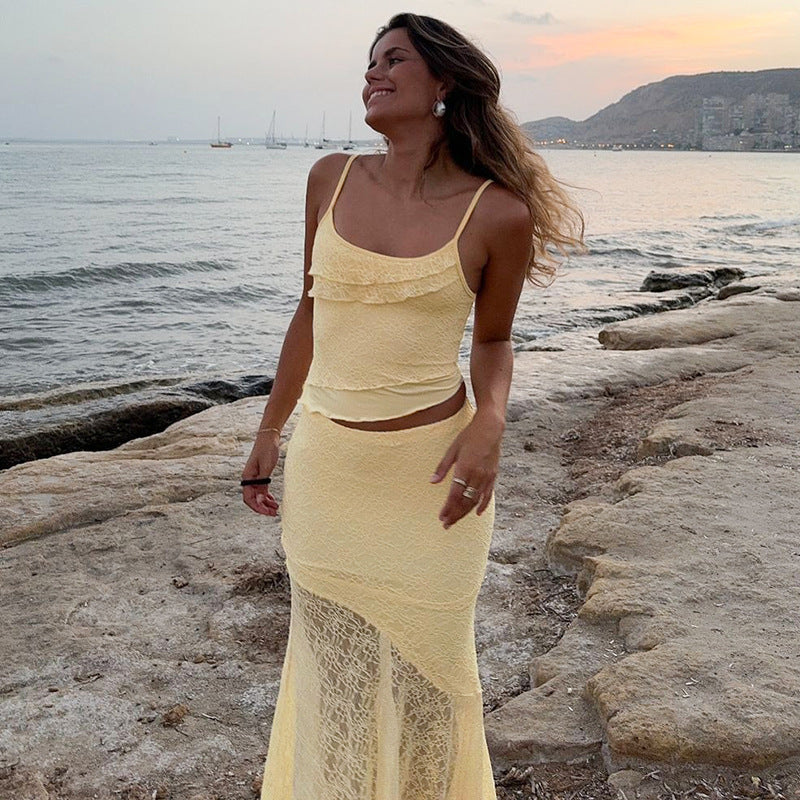 Damen Maxikleid mit transparentem Spitzensaum und raffinierten Rüschendetails R&B
