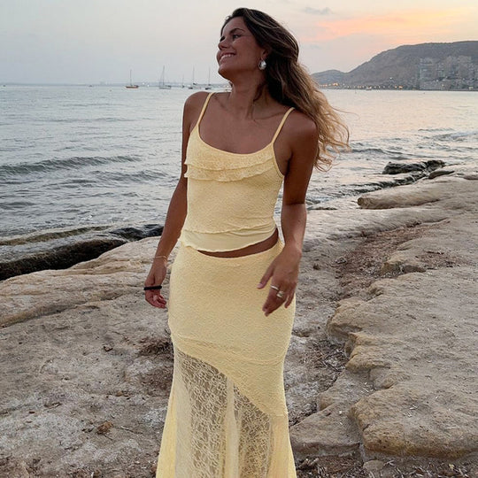 Damen Maxikleid mit transparentem Spitzensaum und raffinierten Rüschendetails R&B
