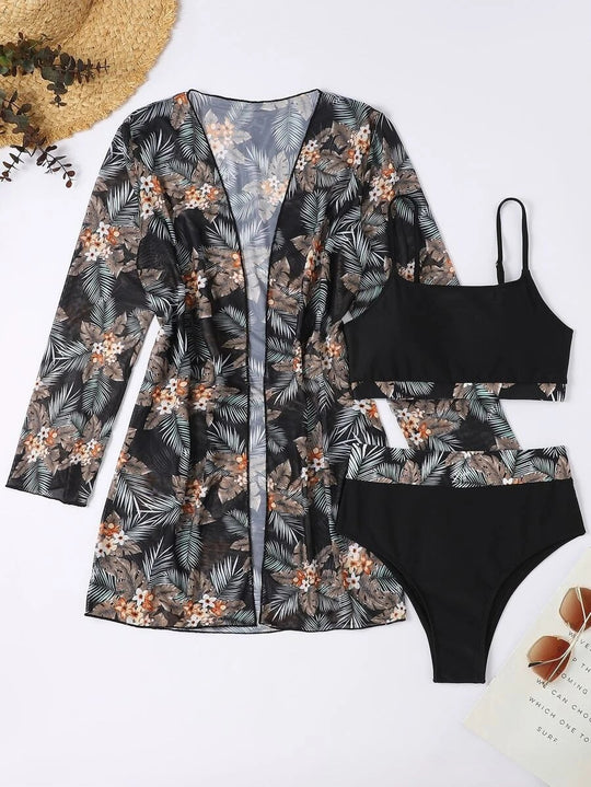 Damen Bikini-Set mit hochgeschnittenem Höschen und floralem Kimono R&B