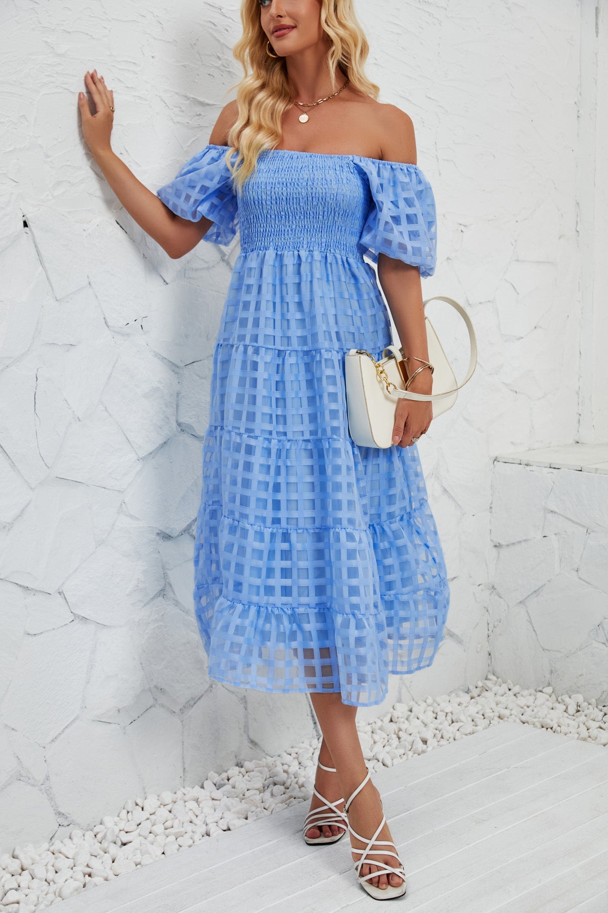 Damen Midikleid mit Off-Shoulder-Design und luftigen Puffärmeln R&B