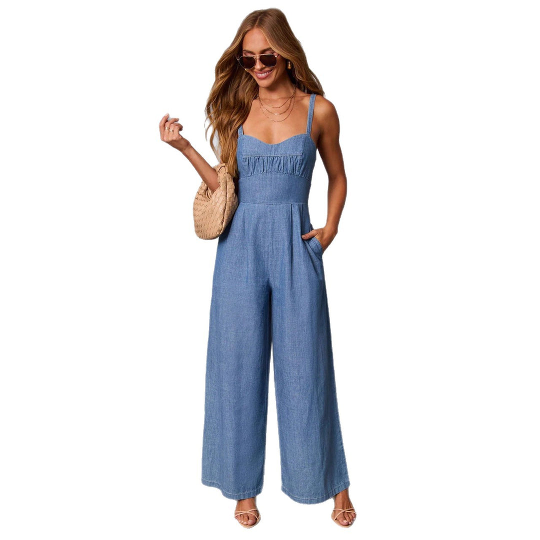 Damen lässiger Denim-Jumpsuit mit elegantem Bustier-Oberteil und weitem Bein R&B