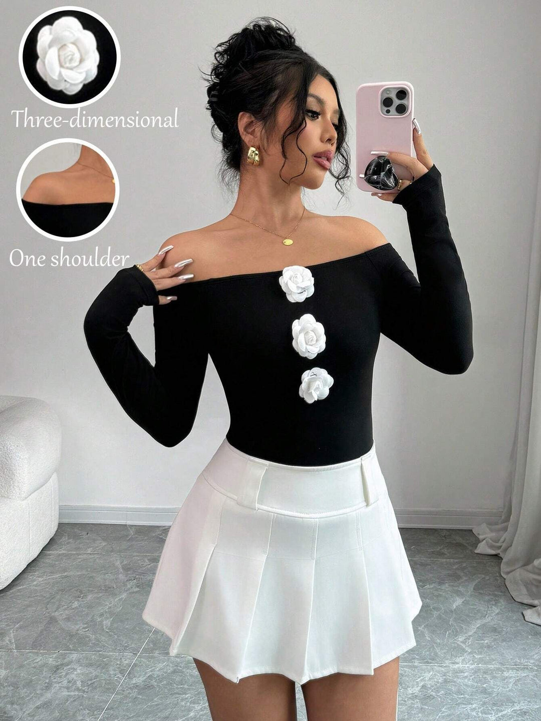 Damen Off-Shoulder Shirt mit dreidimensionalen Rosenapplikationen R&B