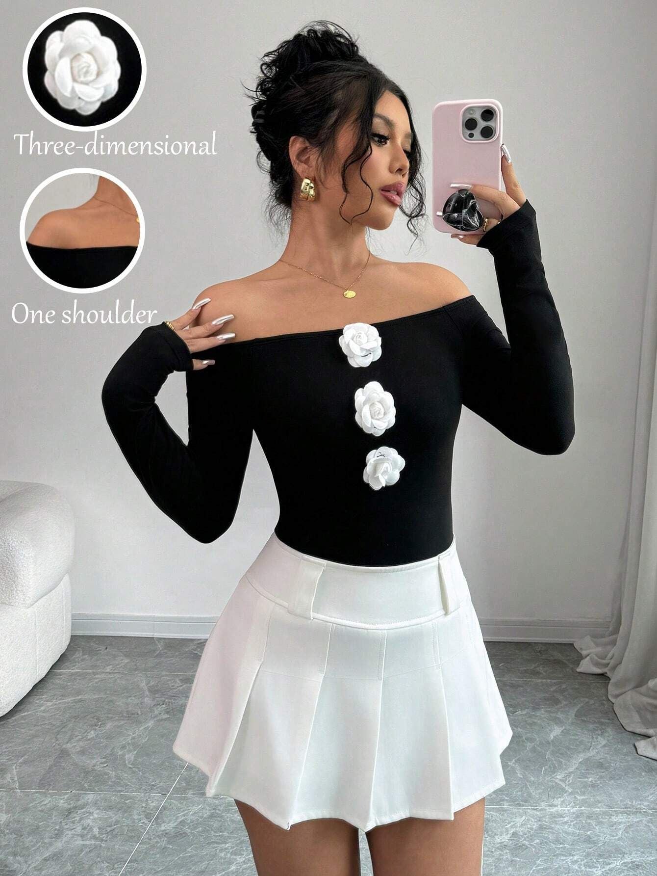 Damen Off-Shoulder Shirt mit dreidimensionalen Rosenapplikationen R&B