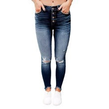 Damen Skinny Jeans mit hoher Taille und Destroyed-Details R&B
