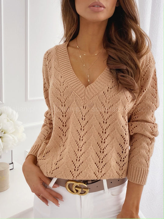 Damen V-Ausschnitt Strickpullover mit romantischem Zopfmuster R&B