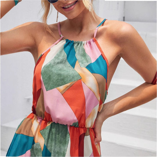 Damen Langes Maxikleid mit auffälligem geometrischem Muster und anpassbarem Träger R&B