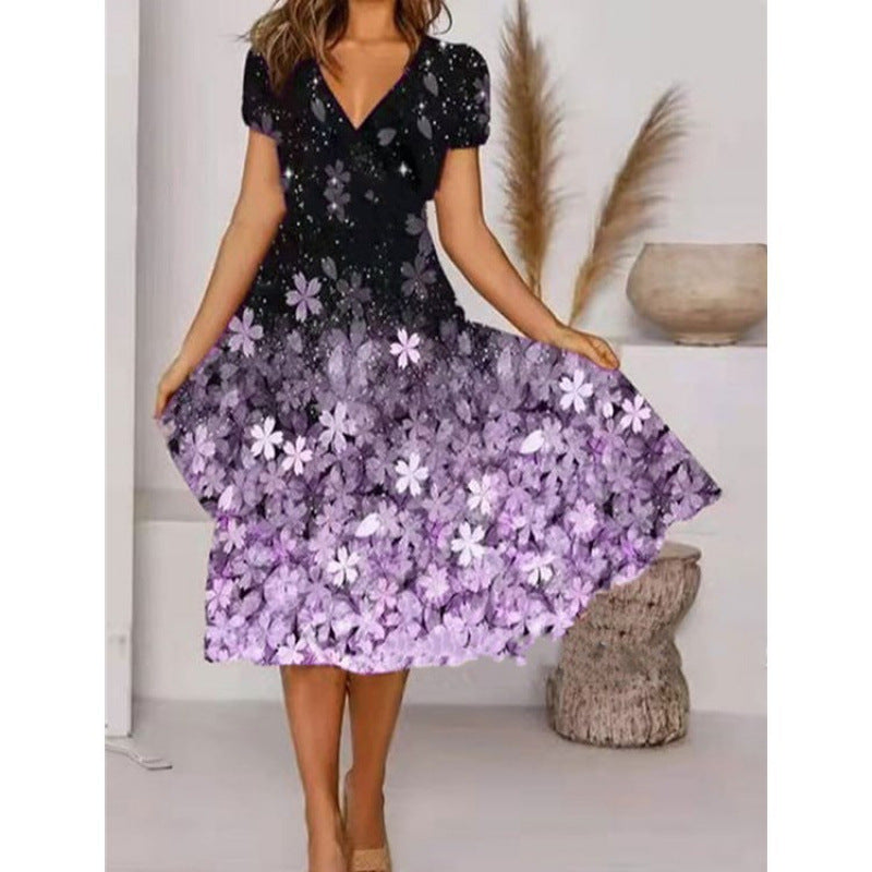 Damen A-Linie Sommerkleid mit V-Ausschnitt und floralen Akzenten R&B