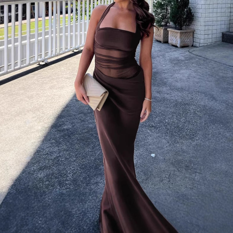 Damen Elegantes Maxikleid mit schulterfreiem Design und durchsichtigen Einsätzen R&B