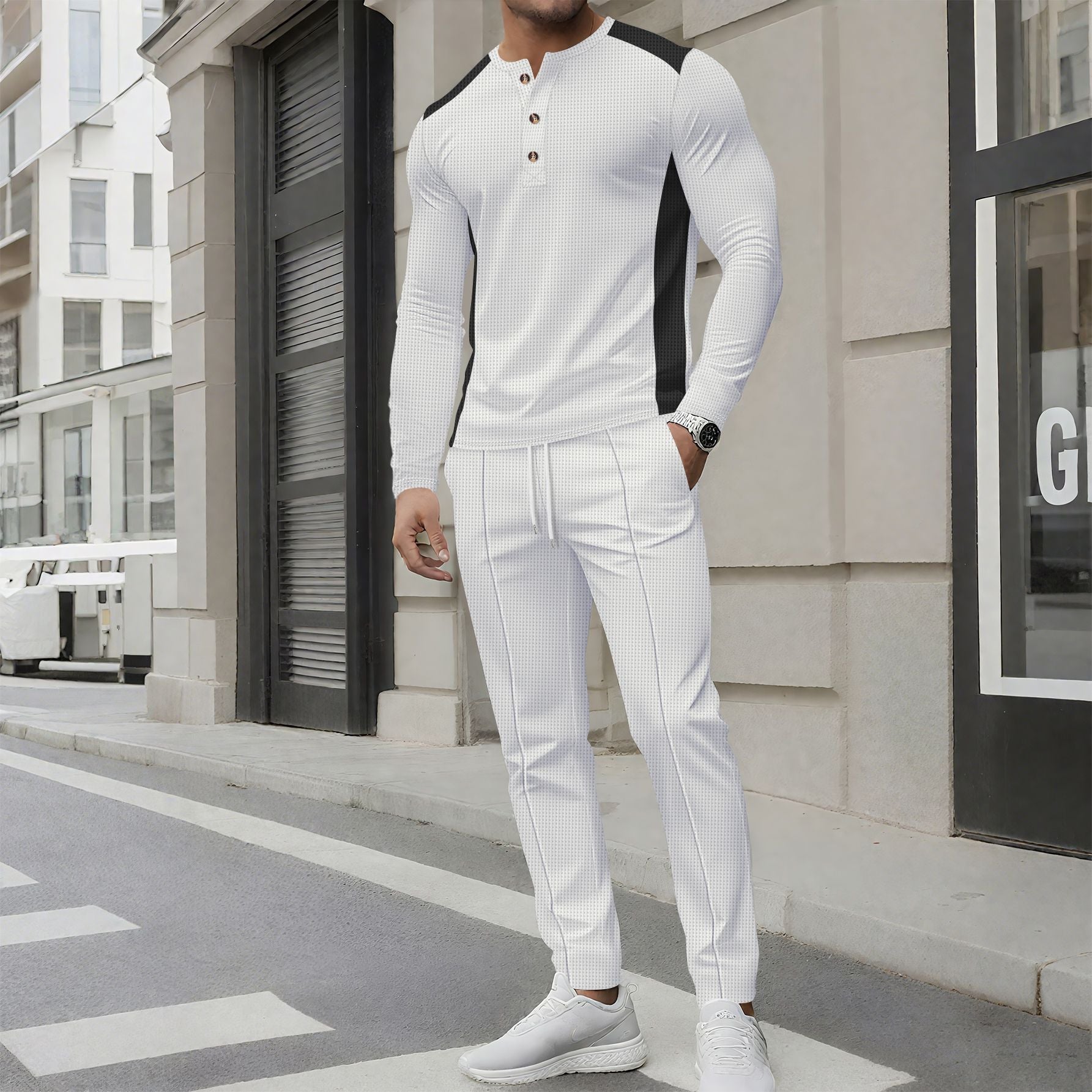 Herren modisches Freizeit-Set mit strukturiertem Langarmshirt und passenden Jogginghosen R&B