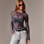 Damen nan feines Netzshirt mit Allover-Tiermuster, tailliertem Schnitt und Rundhalsausschnitt R&B