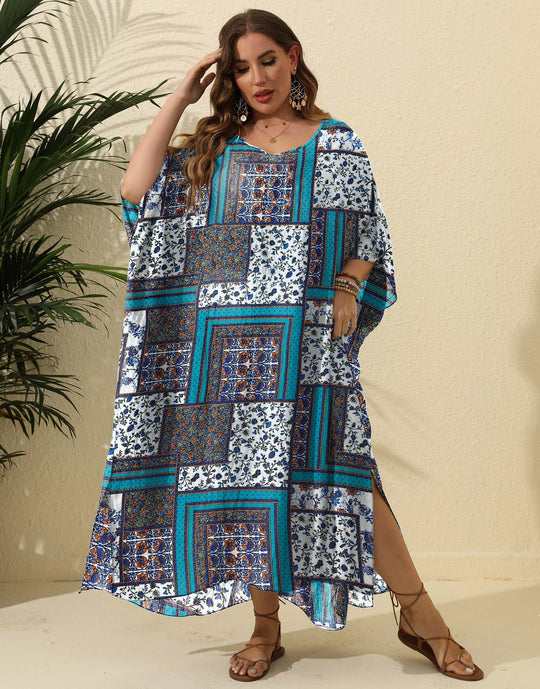 Damen luftiges Maxikleid mit farbenfrohem Patchwork-Design R&B