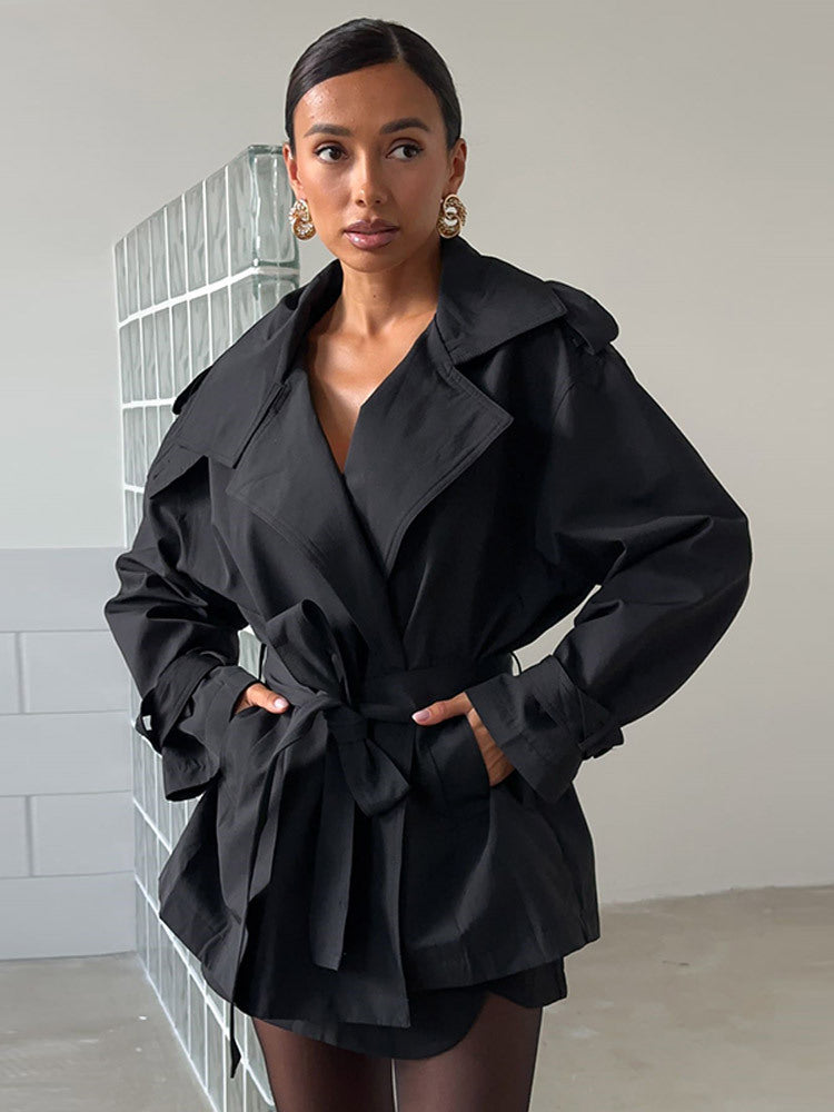Damen Modische Kurztrenchjacke mit Taillenknoten und großzügigen Taschen R&B