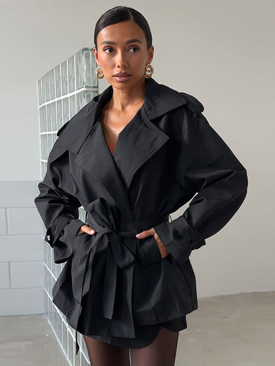 Damen Modische Kurztrenchjacke mit Taillenknoten und großzügigen Taschen R&B