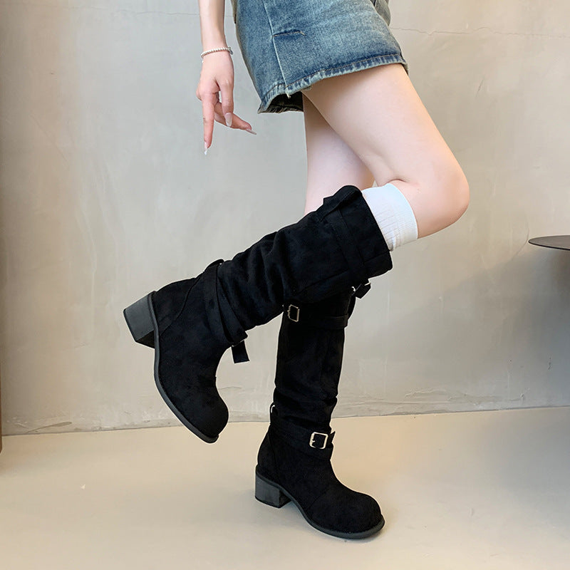 Damen hohe Stiefel mit modischen Schnallen und bequemem Blockabsatz R&B