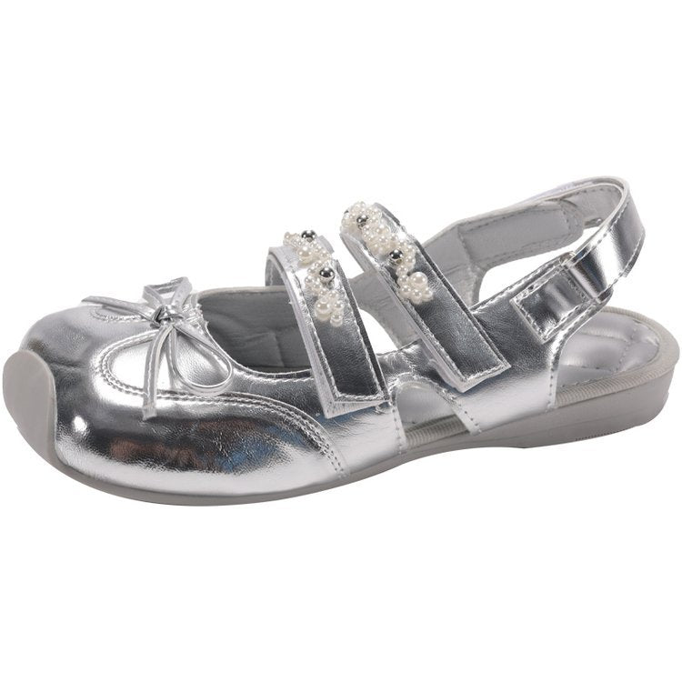 Damen elegante Ballerina-Schuhe mit glänzender Oberfläche und dekorativen Perlen R&B