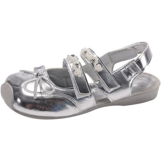 Damen elegante Ballerina-Schuhe mit glänzender Oberfläche und dekorativen Perlen R&B