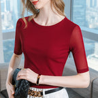 Damen Figurbetontes Shirt mit transparenten Ärmeln und elegantem Design R&B