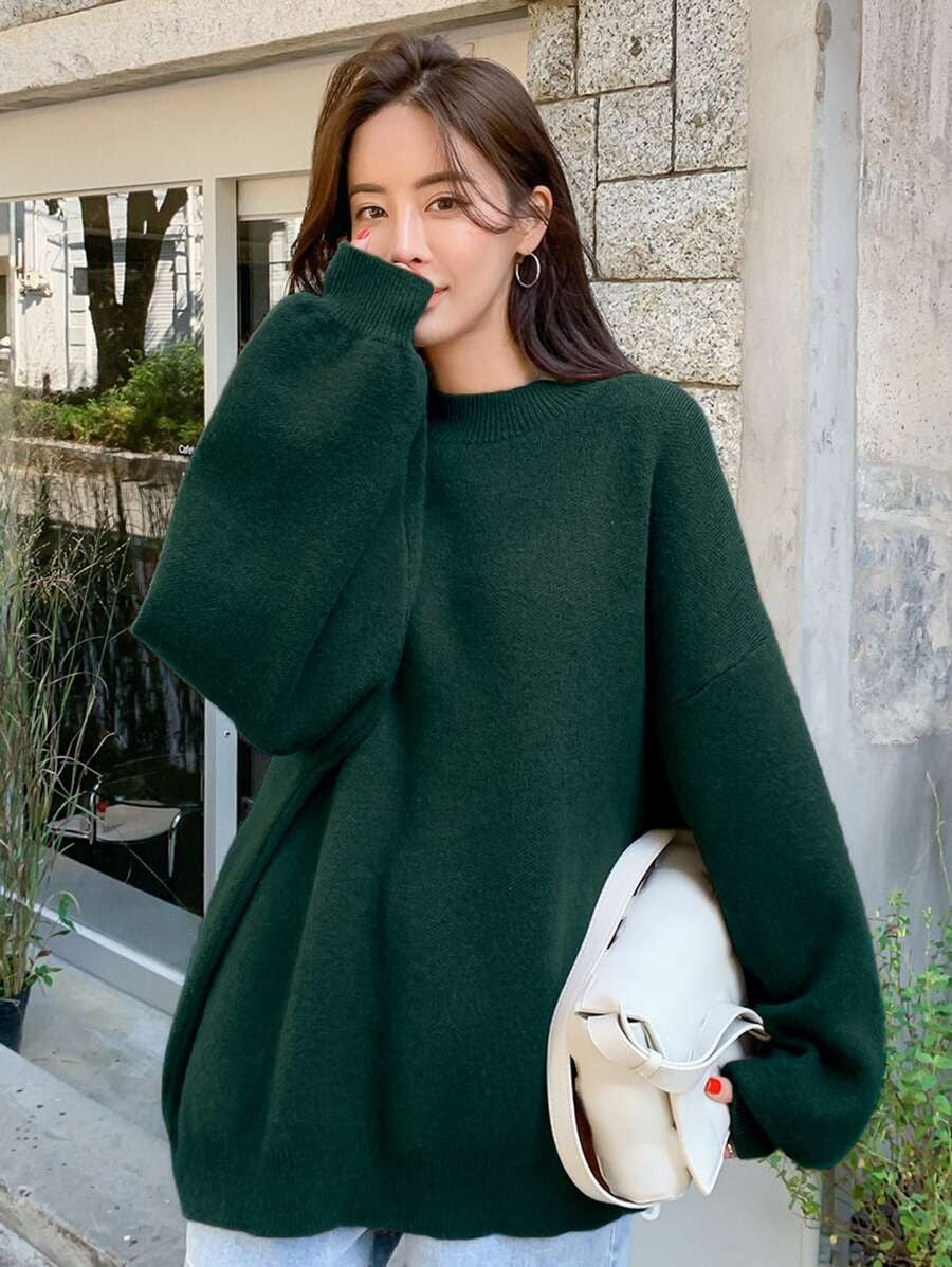Damen oversized Strickpullover mit Rundhalsausschnitt und breiten Ärmeln R&B