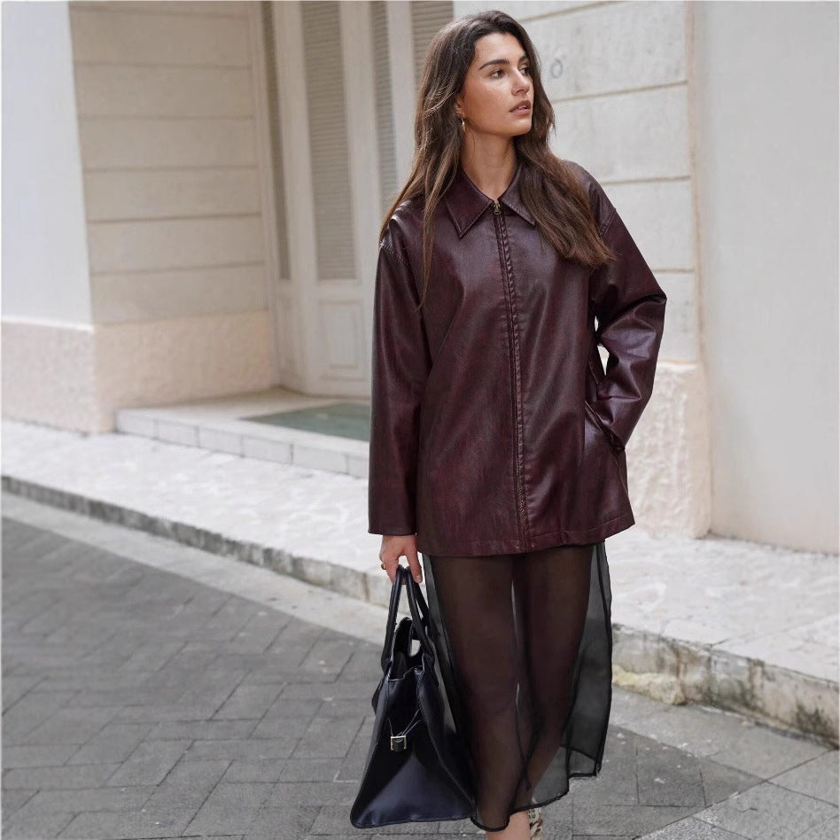Damen lässige Kunstlederjacke mit strukturiertem Design R&B