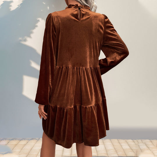 Damen Velours Kleid mit hochgeschlossenem Kragen und voluminösem Rock R&B