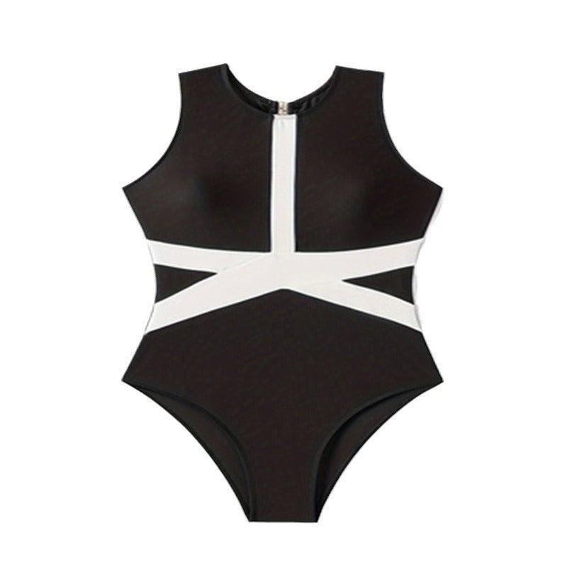 Damen Einteiler Badeanzug mit sportlichem Reißverschluss und trendigem grafischen Design R&B