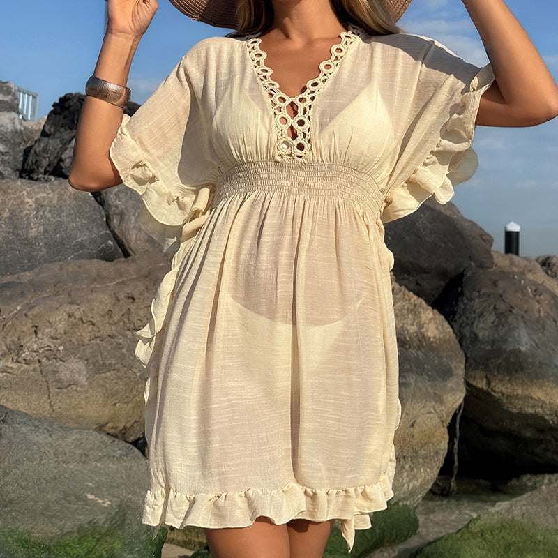 Damen luftiges Strandkleid mit Rüschendetails und vorteilhafter Schärpe R&B