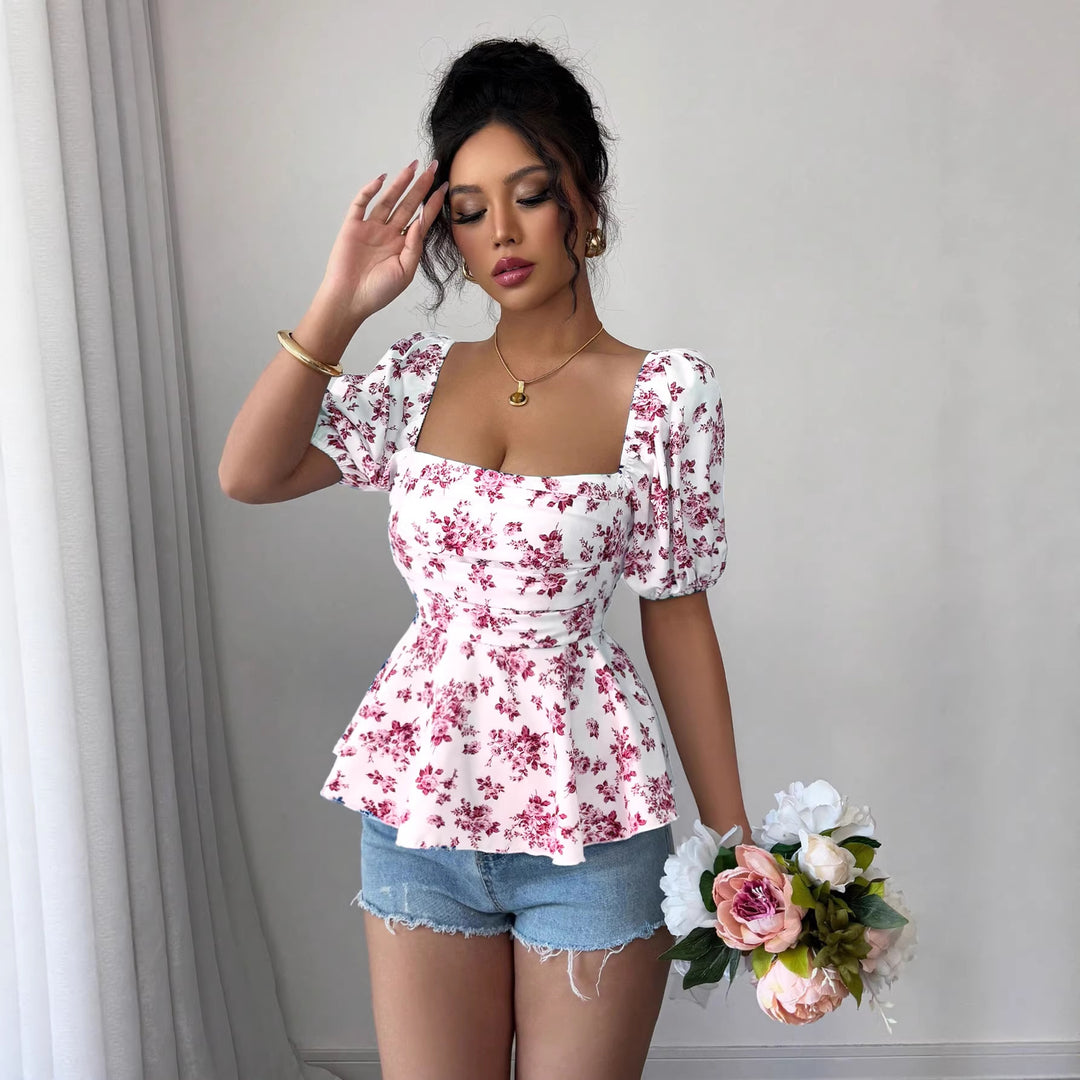 Damen Peplum-Bluse mit Puffärmeln und floralem Design R&B